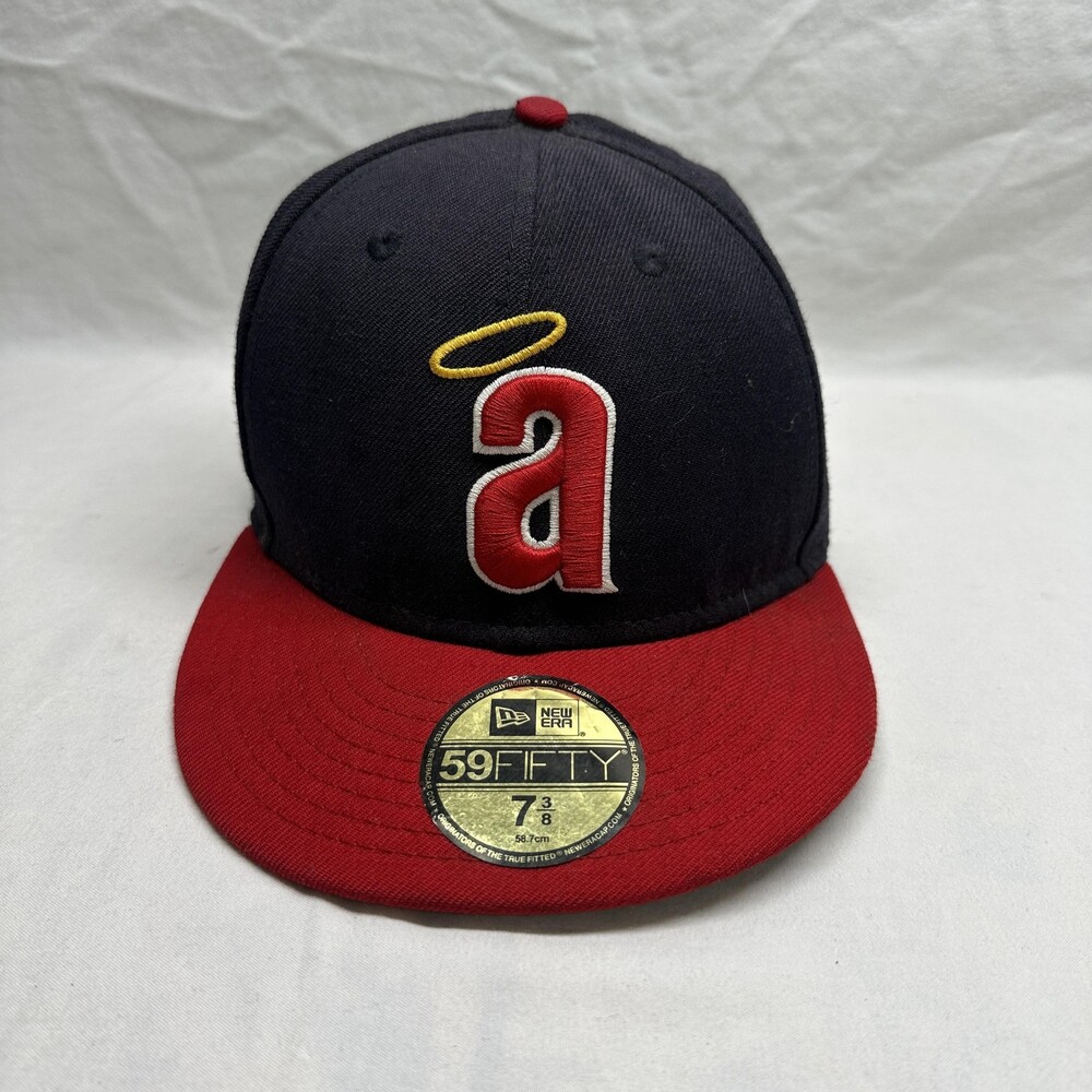 Anaheim Angels Hat Cap Fitted Mens 7 3/8 Navy Red MLB Baseball Retro New Era